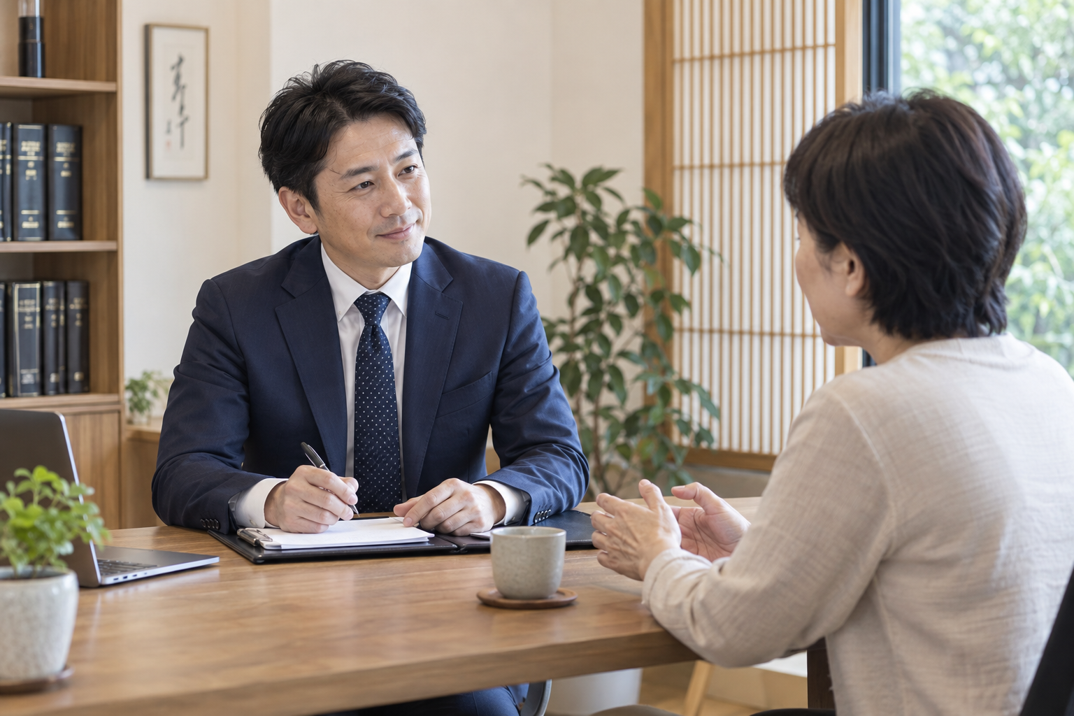 相談室で行政書士が相談者の話を丁寧に聴く場面のイメージ
