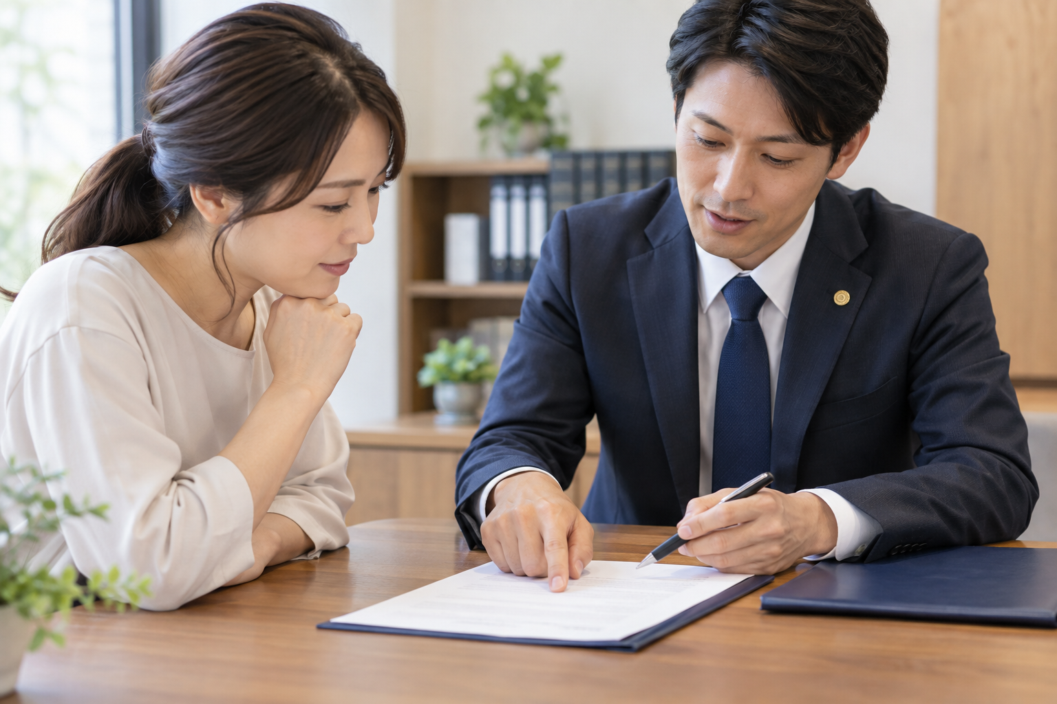 契約書を前に、行政書士と相談者が内容を確認する場面のイメージ